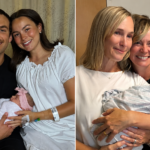 Two families celebrating a special family connection as best friends’ children welcome a new baby together after decades of friendship.