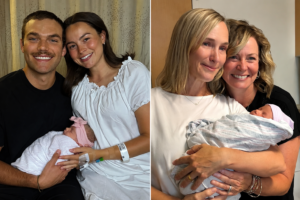 Two families celebrating a special family connection as best friends’ children welcome a new baby together after decades of friendship.