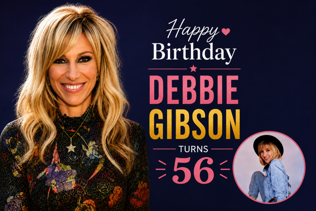 Debbie Gibson celebrating her 56th birthday with a birthday-themed graphic