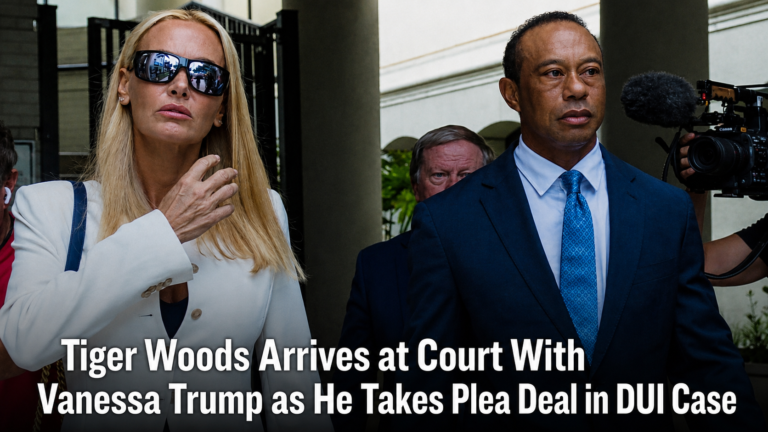 Tiger Woods and Vanessa Trump arriving at a Florida courthouse for his DUI case plea deal hearing