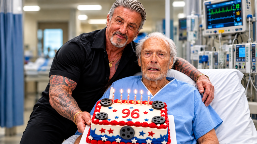 96th birthday celebration with an elderly Hollywood actor and a birthday cake in a hospital room