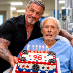 96th birthday celebration with an elderly Hollywood actor and a birthday cake in a hospital room