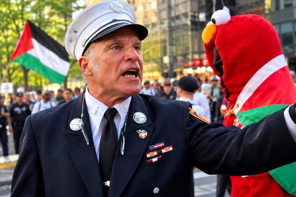 Firefighter confronting a pro-Palestinian protester near Ground Zero during a 9/11 anniversary