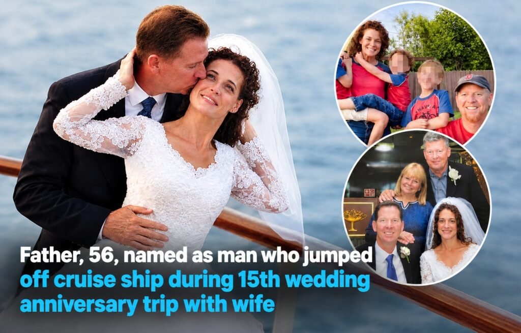 Thomas Gigler, 56, pictured with his wife and family as reports say he jumped from a Carnival cruise ship during their 15th wedding anniversary trip.