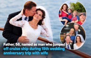 Thomas Gigler, 56, pictured with his wife and family as reports say he jumped from a Carnival cruise ship during their 15th wedding anniversary trip.