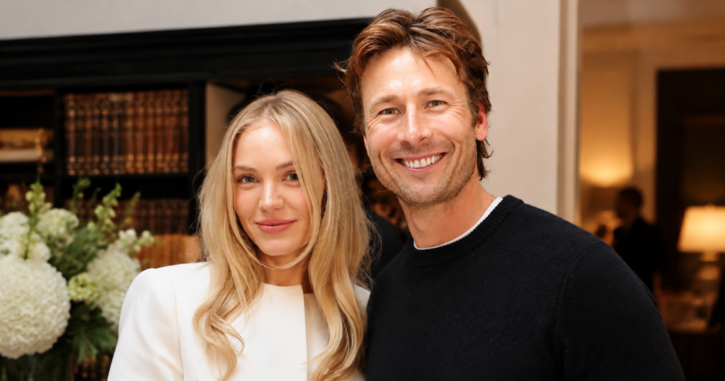 Glen Powell and Michelle Randolph sharing a moment as they confirm their serious romance