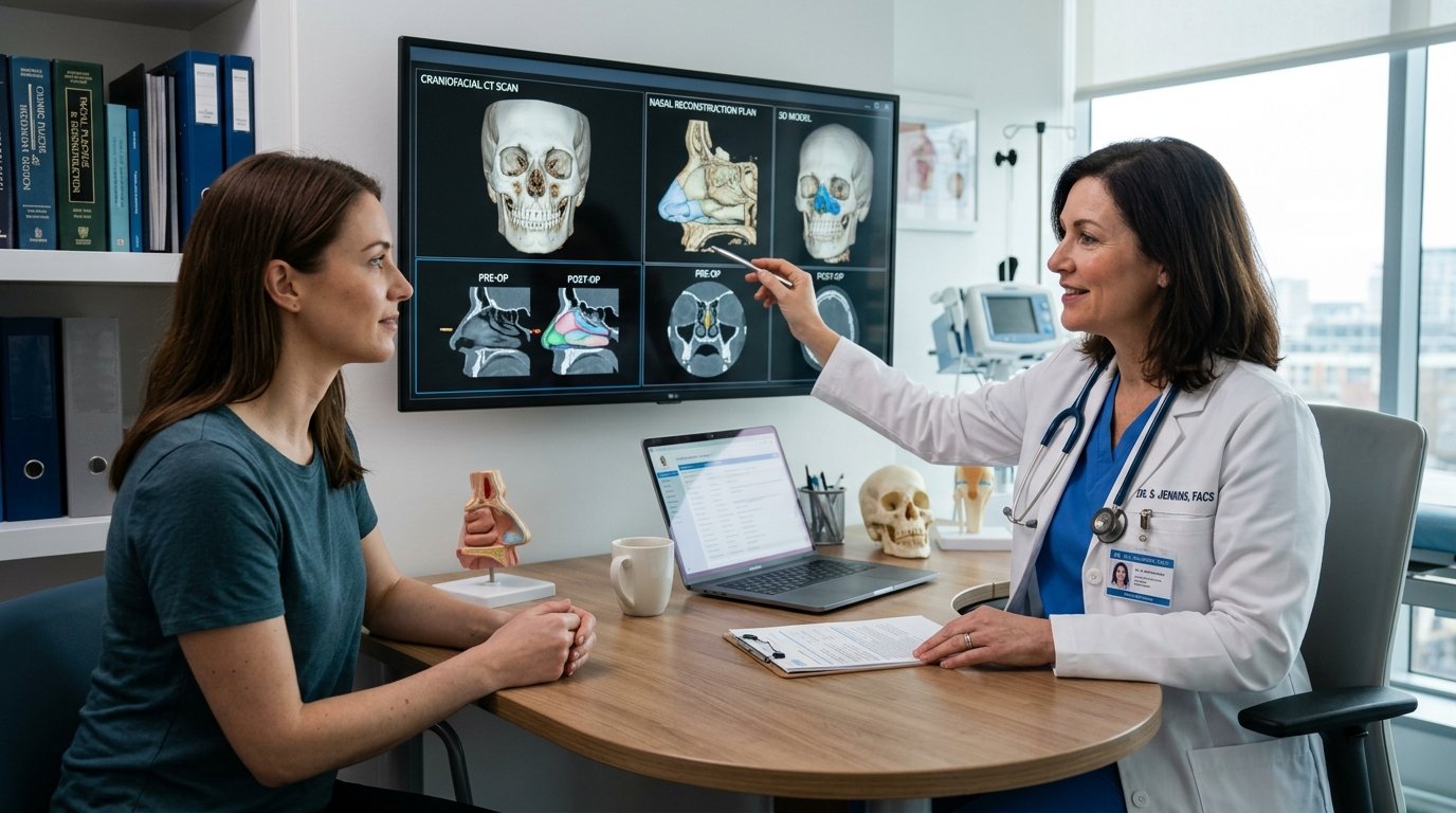 Facial plastic reconstructive surgeon reviewing 3D craniofacial CT scans and nasal reconstruction plans
