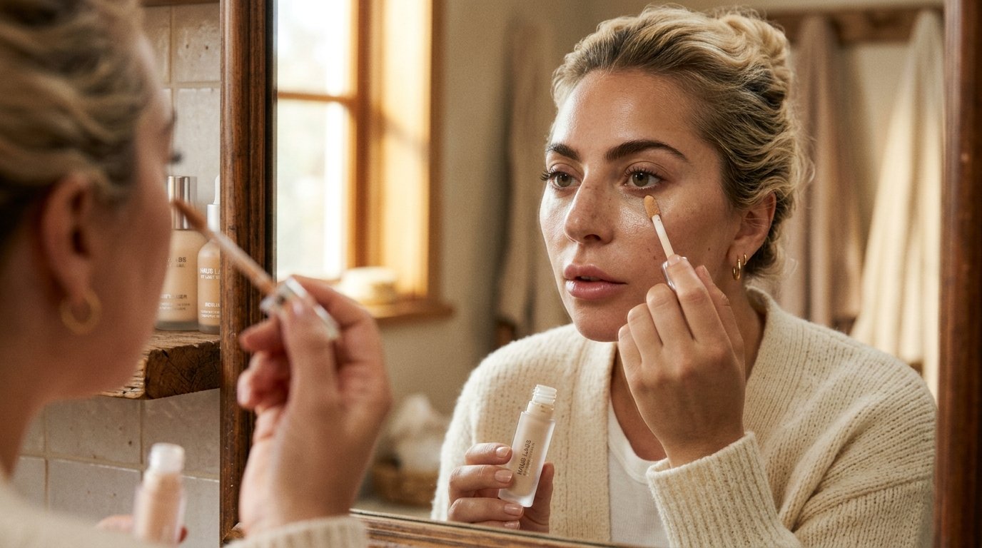Lady Gaga Goes Makeup-Free as She Shares Her ‘Holy Trinity’ Beauty Routine 3 Lady Gaga applying hydrating creamy concealer under her eyes in a vanity mirror during morning skincare routine