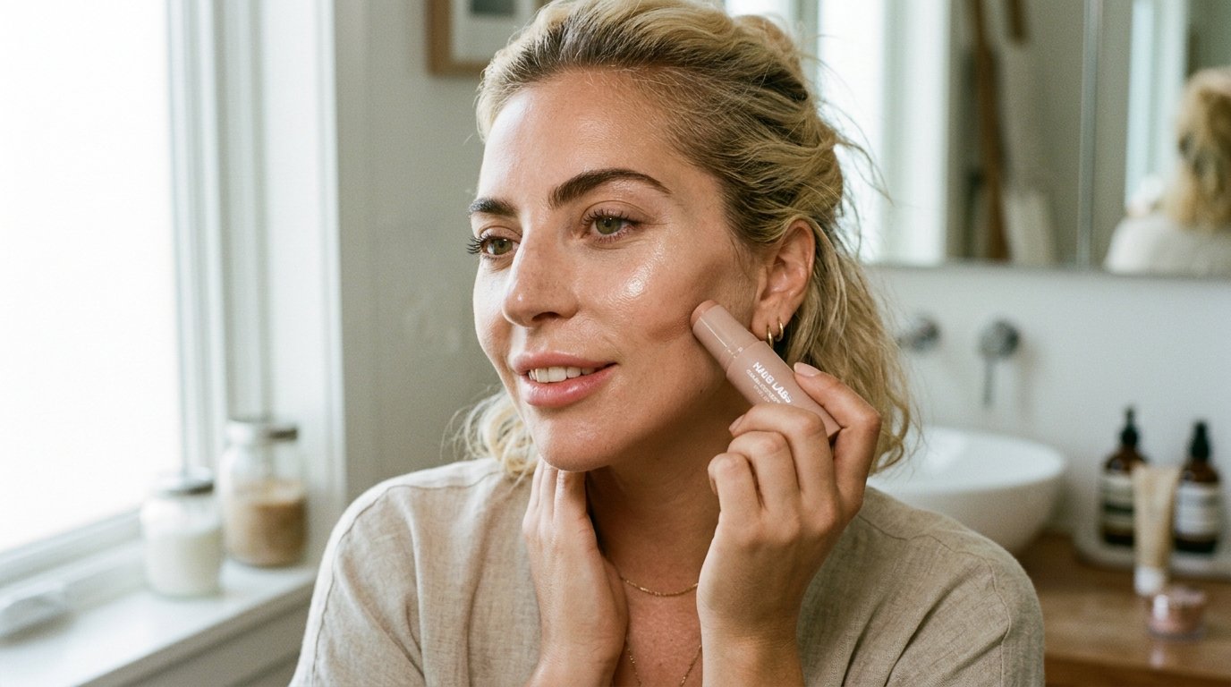 Lady Gaga Goes Makeup-Free as She Shares Her ‘Holy Trinity’ Beauty Routine 4 Lady Gaga blending a smooth cream contour stick along her cheekbones for natural facial sculpting