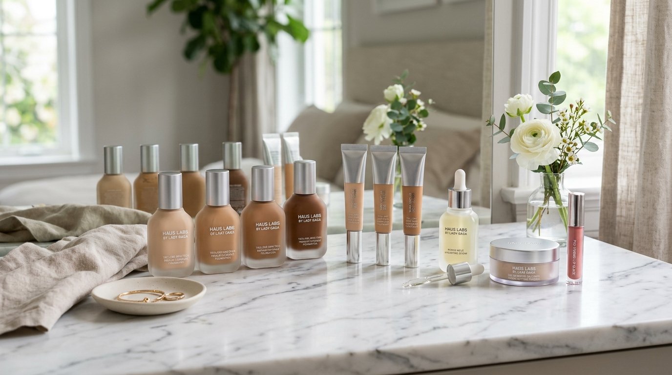 Lady Gaga Goes Makeup-Free as She Shares Her ‘Holy Trinity’ Beauty Routine 6 Haus Labs by Lady Gaga clean beauty cosmetics, concealer, foundations, and serums arranged on a chic marble vanity