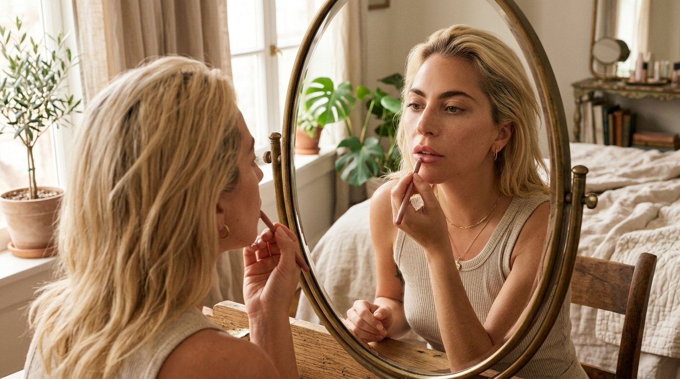 Lady Gaga Goes Makeup-Free as She Shares Her ‘Holy Trinity’ Beauty Routine 5 Lady Gaga defining her lips with a precision nude lip liner pencil in a round bedroom vanity mirror