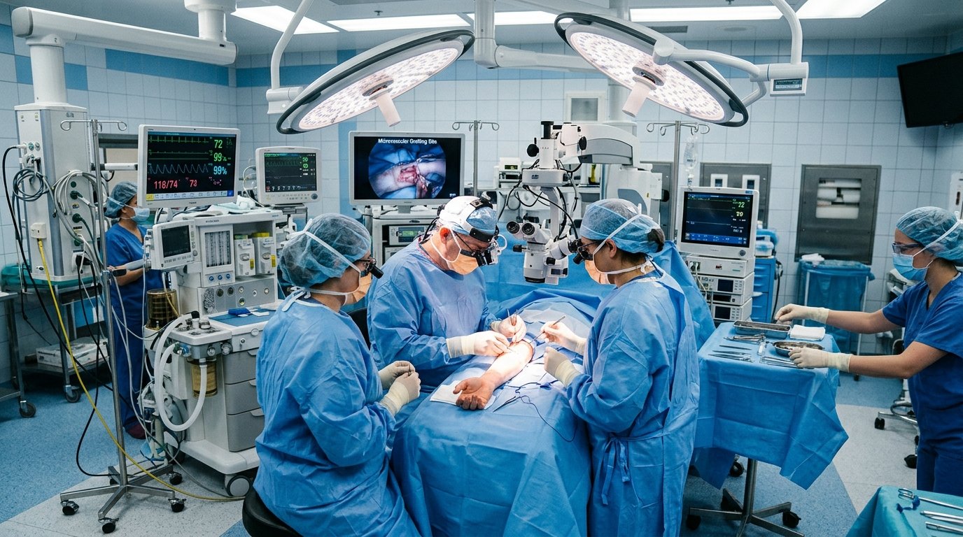 Surgical team performing delicate microvascular tissue harvesting and reconstructive surgery under operating lamps