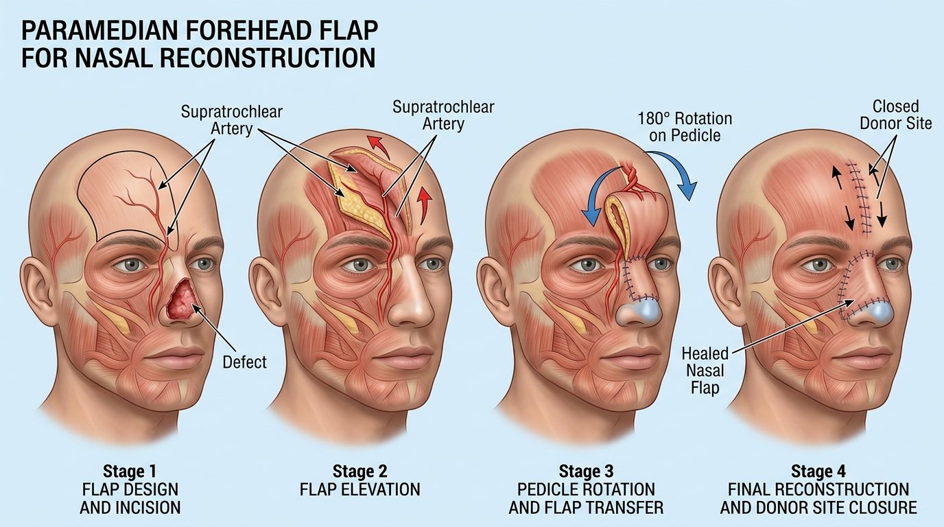 Medical diagram illustrating the surgical stages of a paramedian forehead flap with supratrochlear artery pedicle