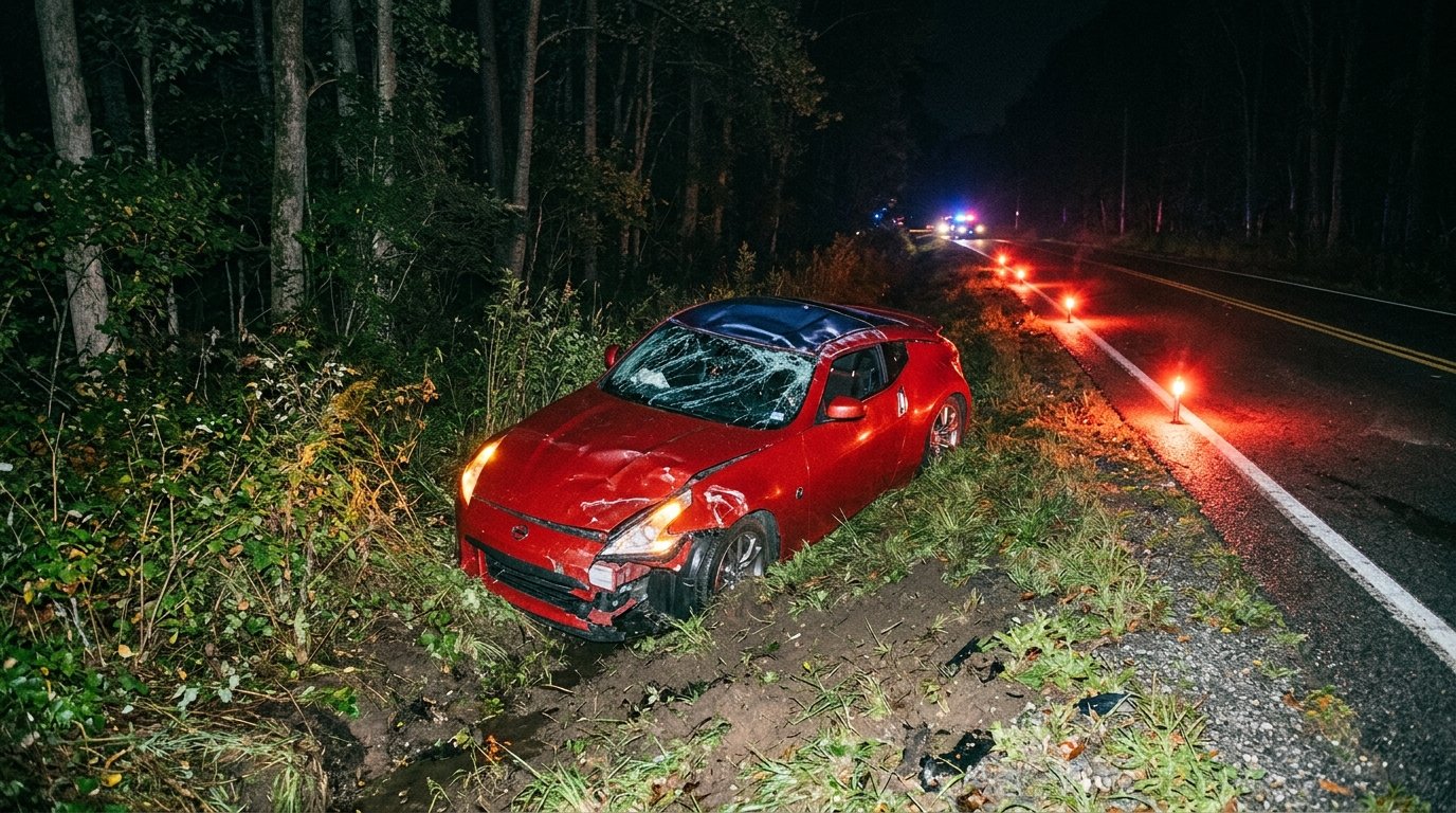 Severely damaged sports car wreckage submerged in a wooded ditch after a catastrophic animal collision