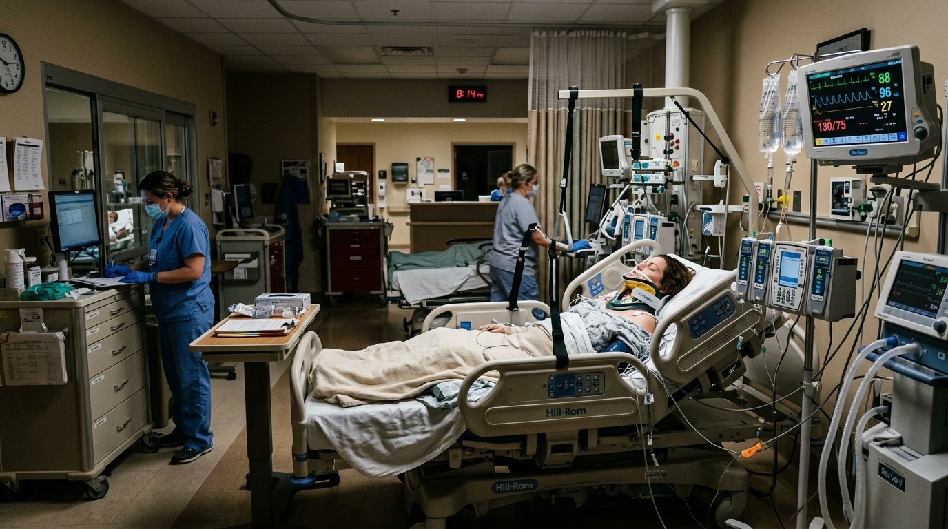 Intensive care unit hospital trauma ward depicting the severe medical battle and spinal recovery of Sideneck