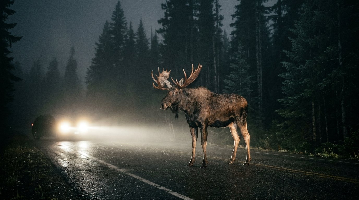 Dramatic night depiction of a massive 1,200-pound bull moose on a dark highway representing Sideneck's crash