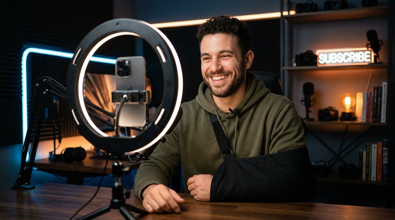 Sideneck smiling confidently in front of a smartphone ring light studio setup recording TikTok videos for fans