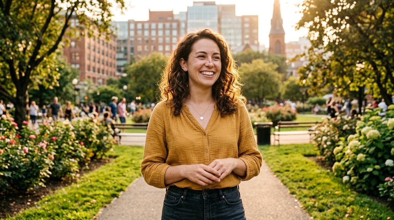 Radiant, confident young woman with fully healed reconstructed nose smiling joyfully in golden outdoor sunlight
