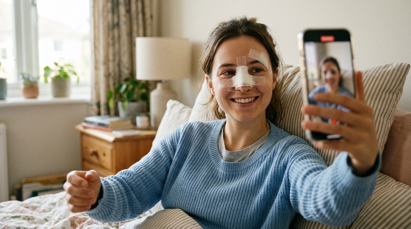 Young woman with surgical bandaging on her forehead and nose recording an inspiring recovery update on smartphone
