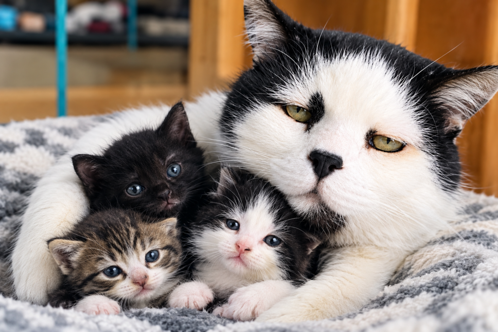 Rescued black and white cat Achille cuddling with three tiny kittens on a soft blanket