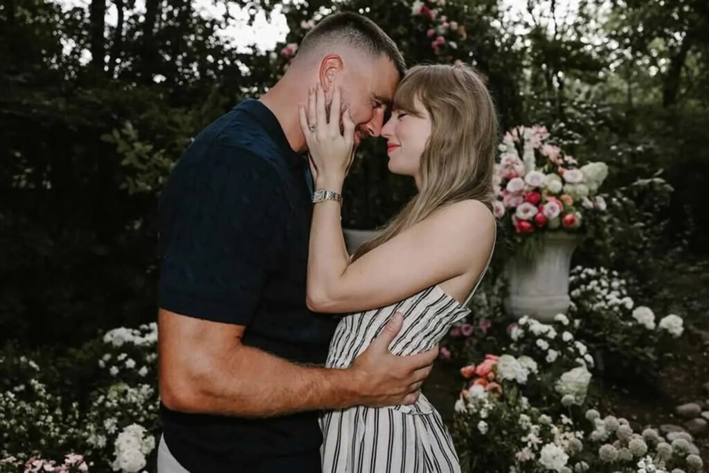 Couple sharing a romantic moment in a flower-filled garden