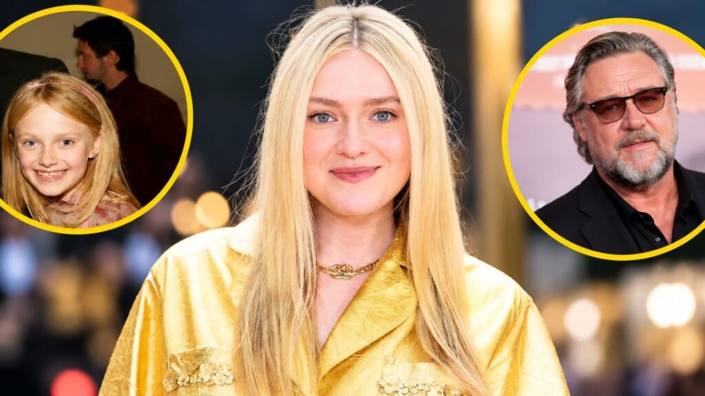 Dakota Fanning pictured with childhood photo and Kurt Russell