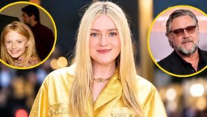 Dakota Fanning pictured with childhood photo and Kurt Russell
