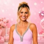 Candace Cameron Bure smiling in a pink celebration-themed portrait
