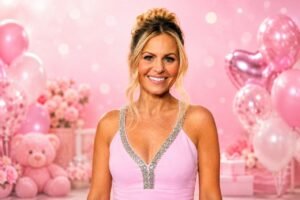 Candace Cameron Bure smiling in a pink celebration-themed portrait