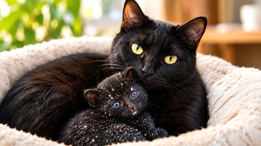Black cat sitting beside a black kitten with white spots