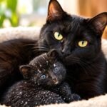 Black cat sitting beside a black kitten with white spots