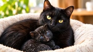 Black cat sitting beside a black kitten with white spots