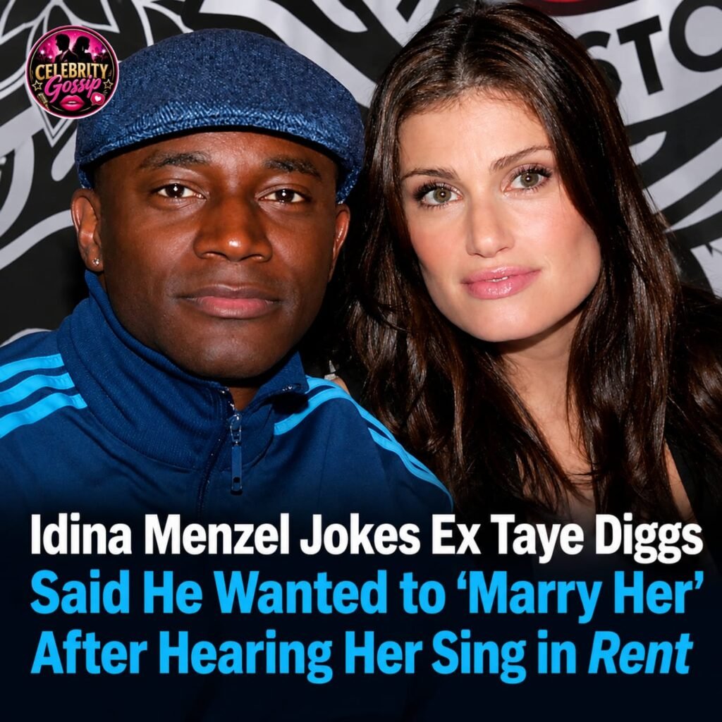 Idina Menzel and Taye Diggs pictured together, recalling their connection through the Broadway musical Rent.