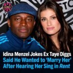 Idina Menzel and Taye Diggs pictured together, recalling their connection through the Broadway musical Rent.