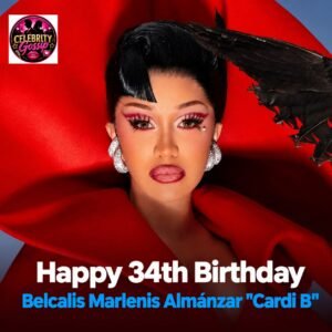 Cardi B in a dramatic red outfit in a 34th birthday tribute graphic