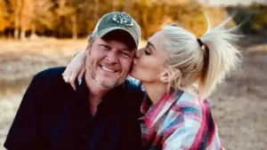 Gwen Stefani and Blake Shelton celebrating her birthday with a personalized gift
