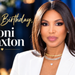 Toni Braxton in a white blazer in a birthday celebration graphic