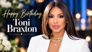 Toni Braxton in a white blazer in a birthday celebration graphic